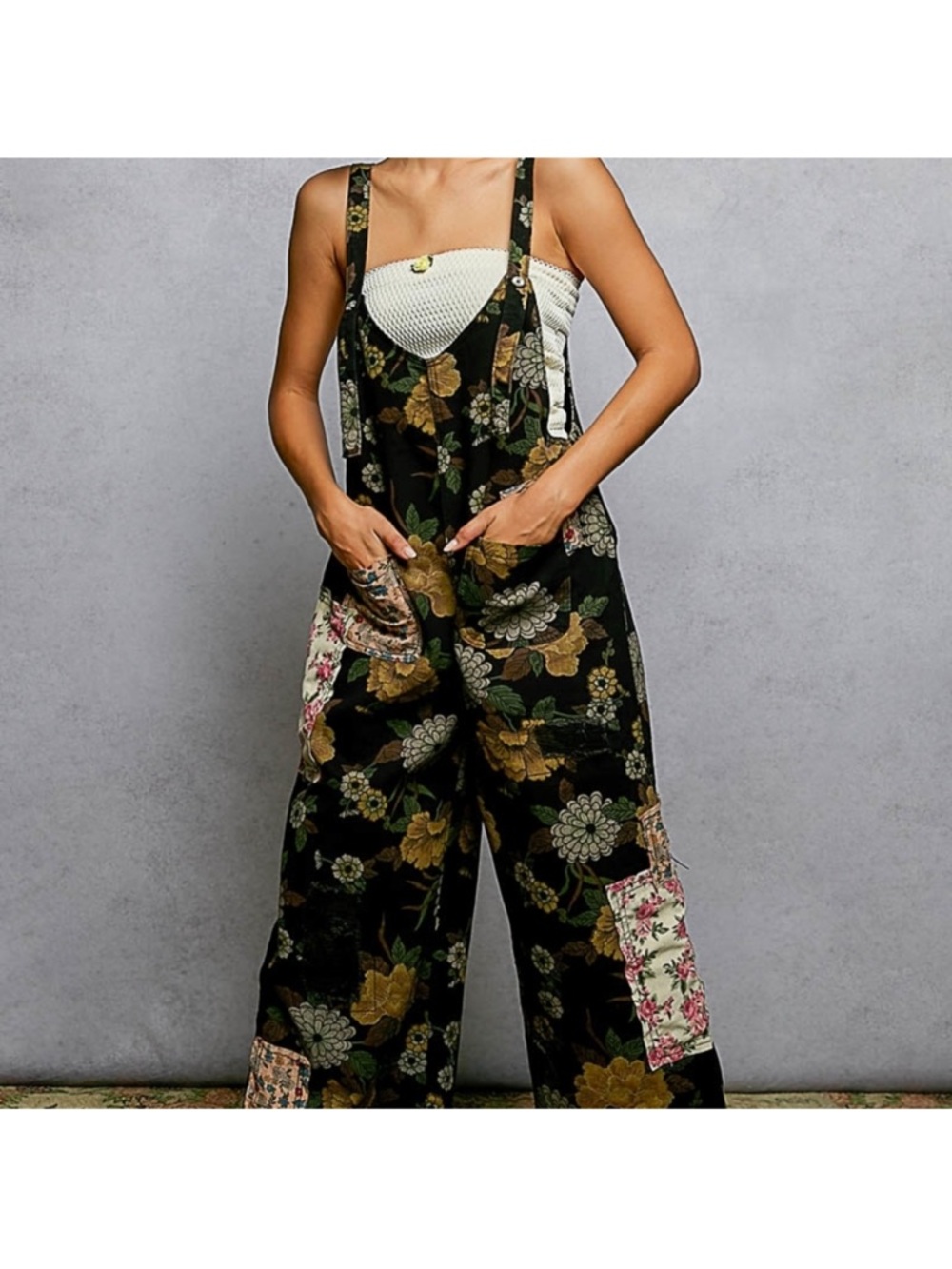 POL Black Floral Patchwork overalls denim small boho flower
